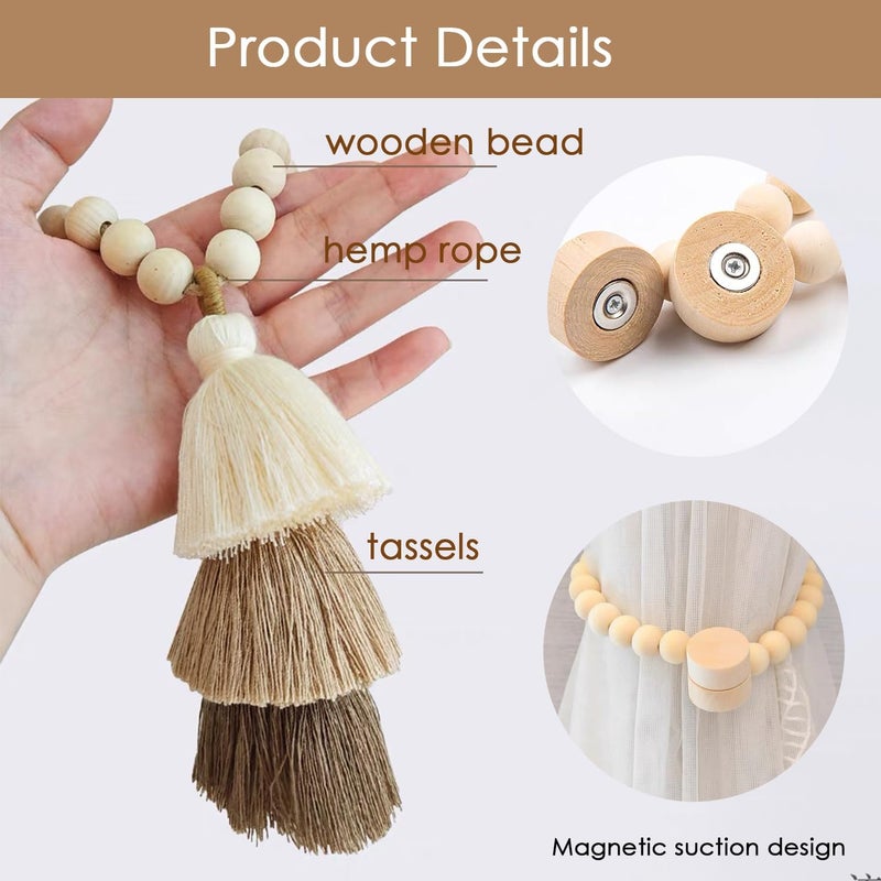 SRG Handmade Magnetic Wooden Bead Curtain Tiebacks 2 PCS | Simple Elegant Magnetic Tassel Curtain Tie Backs | Accessories Wall Decoration | Drapery Tiebacks for Bedroom Window Treatment - Image 3